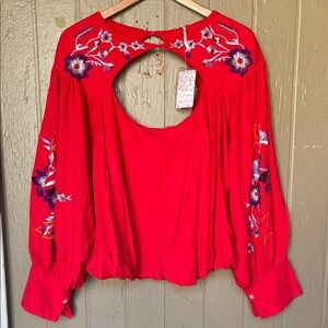 Free People Lita Red Floral Embroidered Blouse